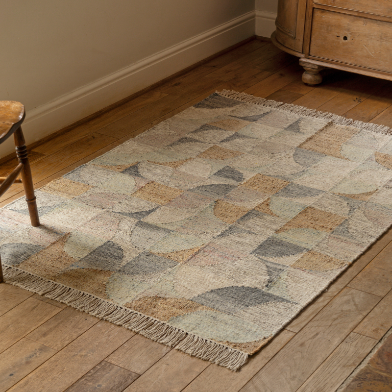 Pie Shape Rug Natural Geometric Patterned Rug with Tassels | Neutral Tones | Uneeka