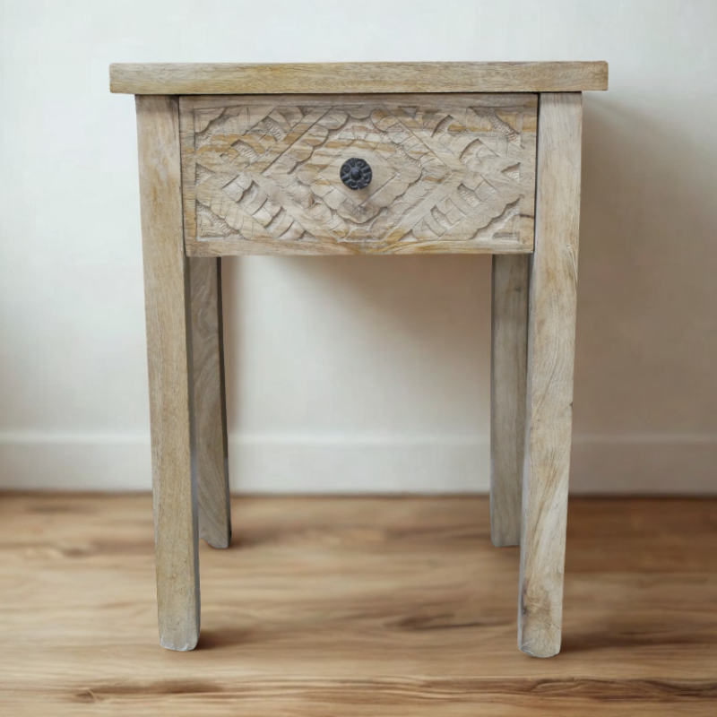 Mango Wood One Drawer Carved Bedside Table - 12004 - Uneeka
