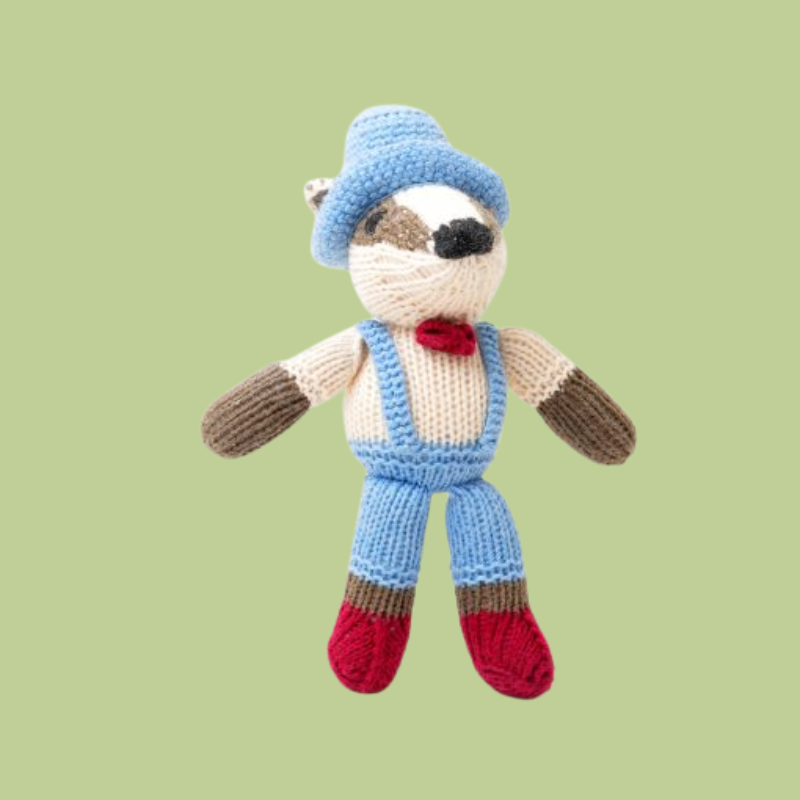 Hand Knitted Badger In Dungarees & Top Hat Soft Toy - SYT104 - Uneeka