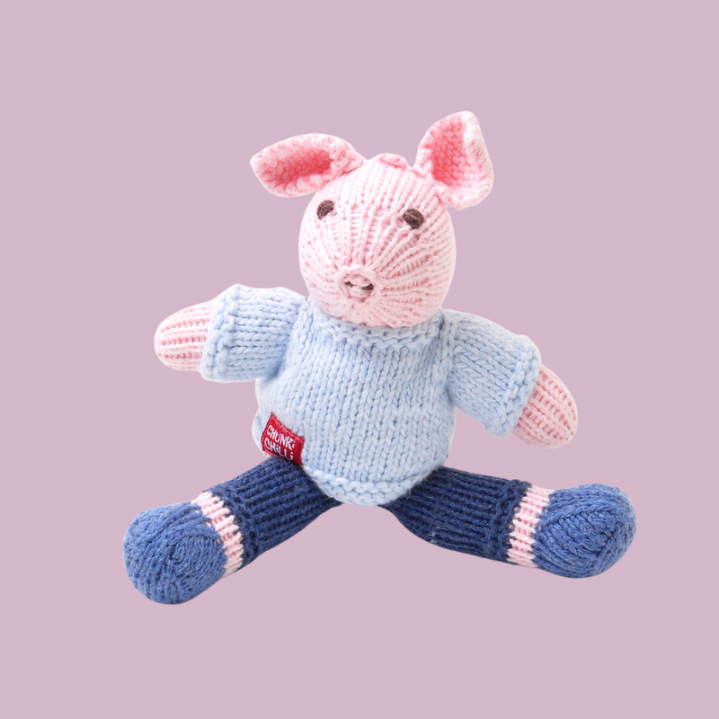 Hand Knitted Pig With Blue Top Soft Toy - SYT082 - Uneeka