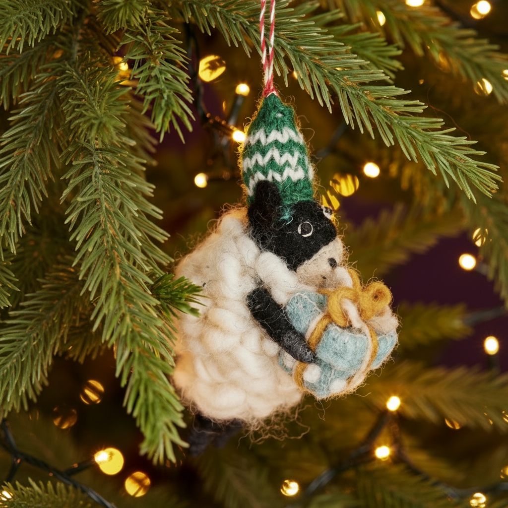 Felt Festive Sheep with Present - HDEC158 - Uneeka