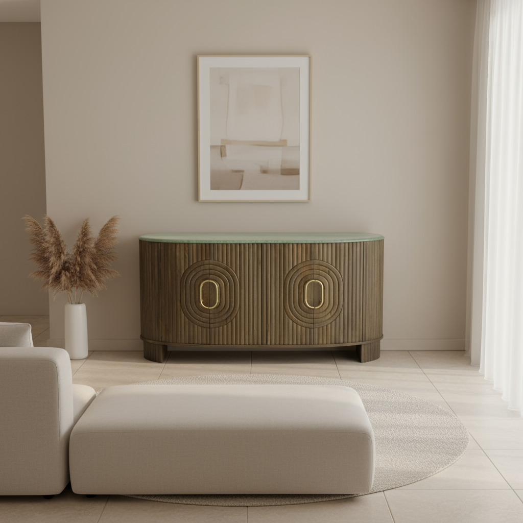 Marble Top Fluted Mango Wood Sideboard - 2853Q - Uneeka
