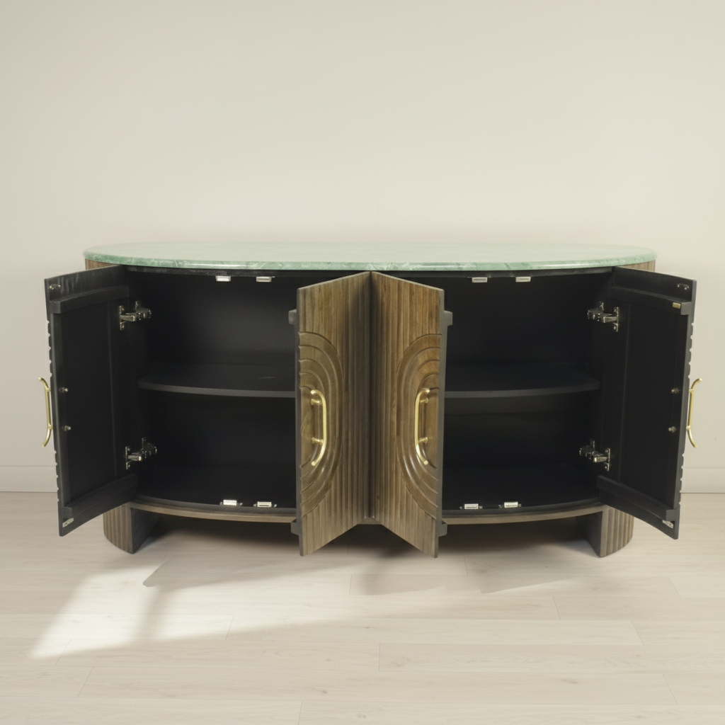 Marble Top Fluted Mango Wood Sideboard - 2853Q - Uneeka