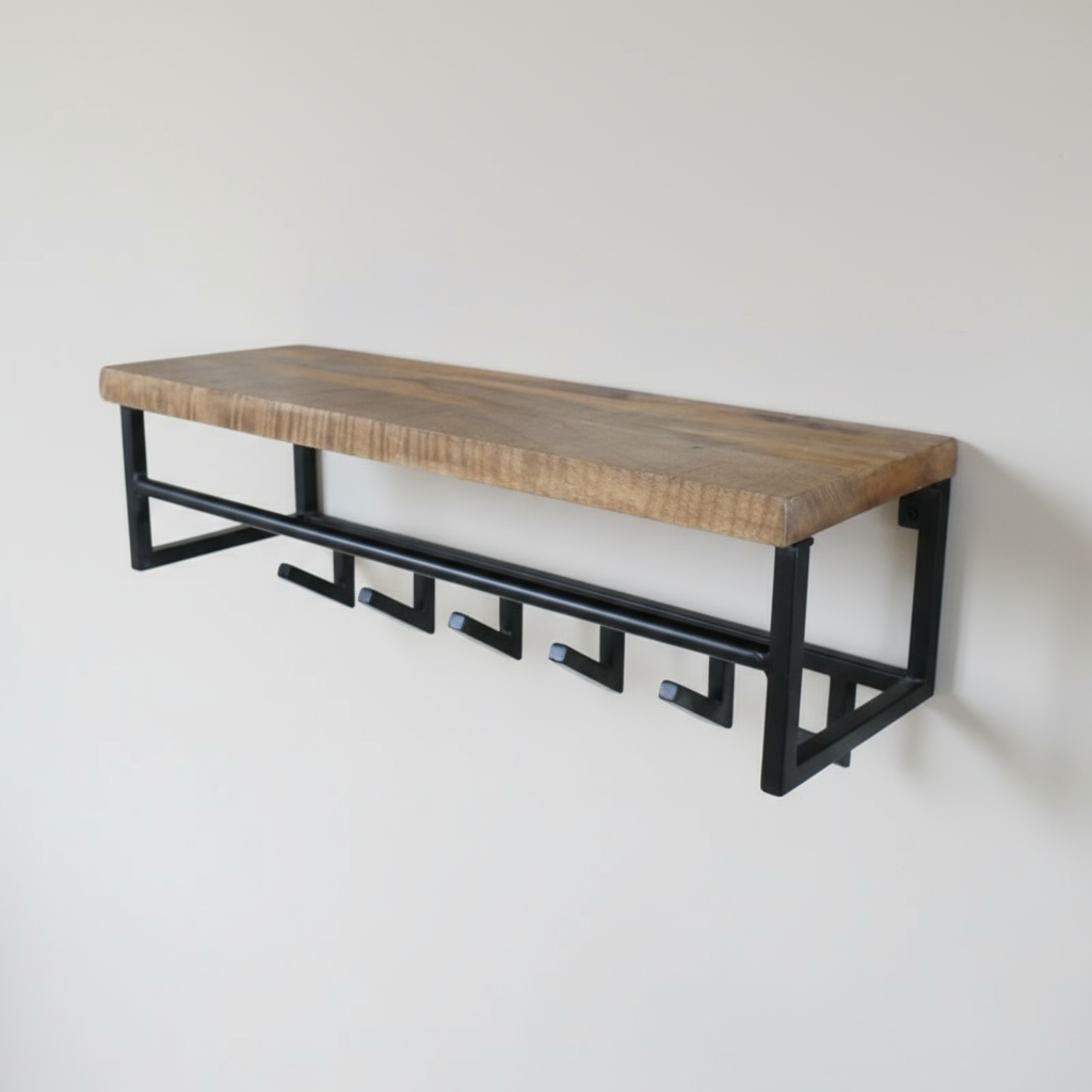 Mango Wood & Iron Shelf With Hooks - 10841 - Uneeka