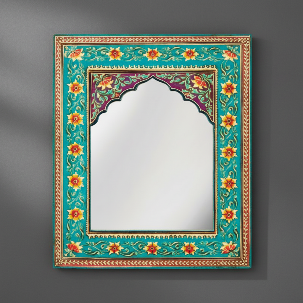 Hand Painted Small Floral Turquoise Mirror - MR647 - Uneeka