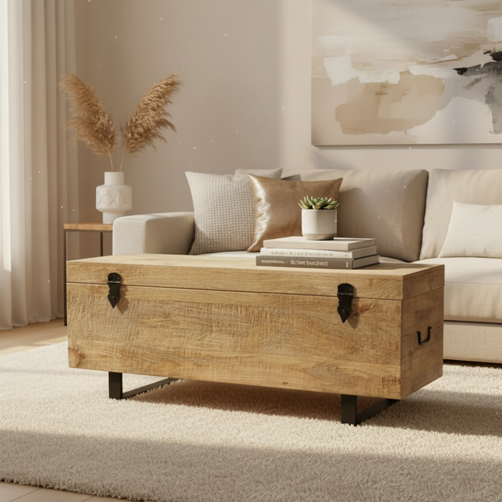 Mango Wood & Black Iron Storage Trunk - 8164 - Uneeka