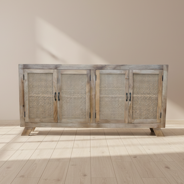 Mango Wood & Rattan Large Sideboard - 8968 - Uneeka