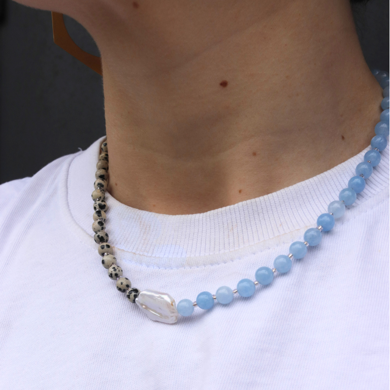 Blue & Dalmatian Glass Bead Necklace - MB20 - Uneeka