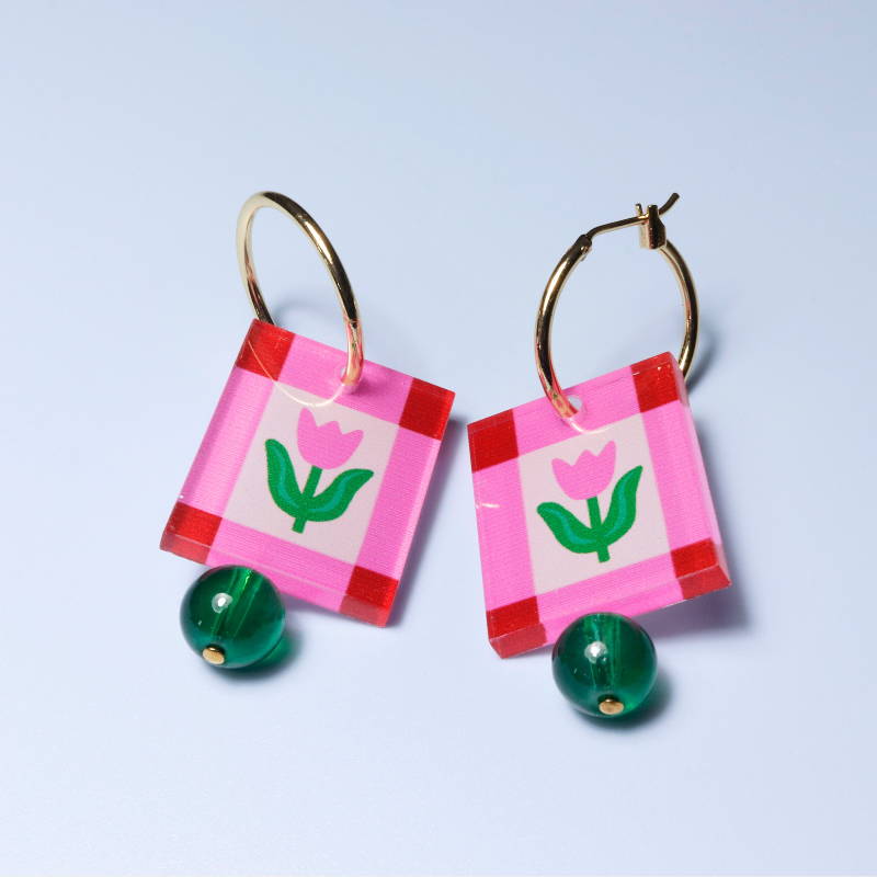 Pink Rectangle Flower Charm Gold Hoop Earrings - NLO-RHP - Uneeka