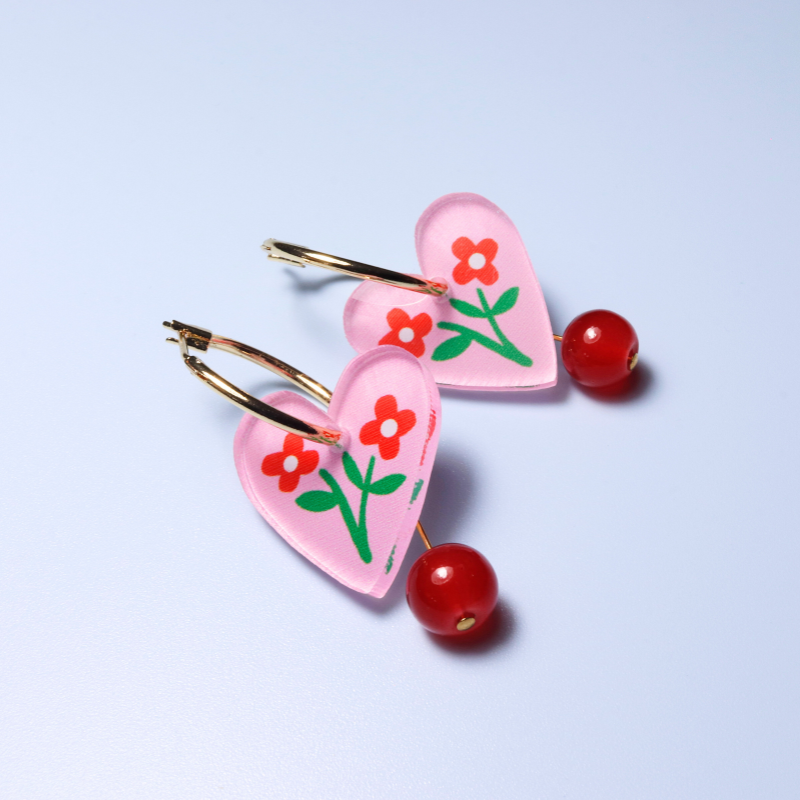 Pink Heart Flower Charm Gold Hoop Earrings With Drop Bead - NLO-HHP - Uneeka