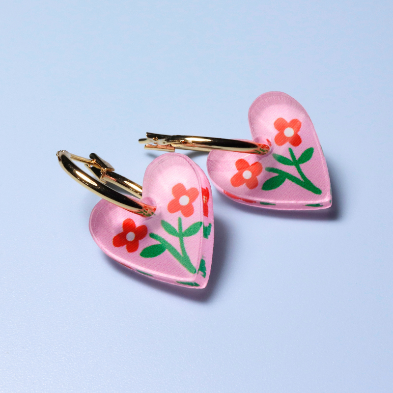 Pink Heart Flower Charm Gold Hoop Earrings - NLO-MHP - Uneeka