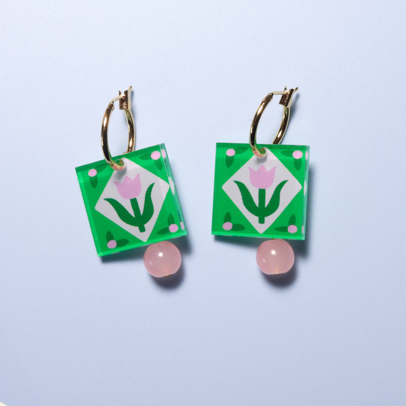 Green Square Flower Charm Gold Hoop Earrings - NLO-SHG - Uneeka