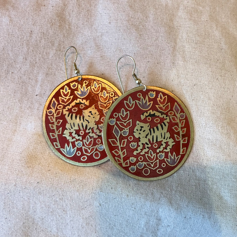 Red Tiger Design Round Earrings - TARCBH280 - Uneeka