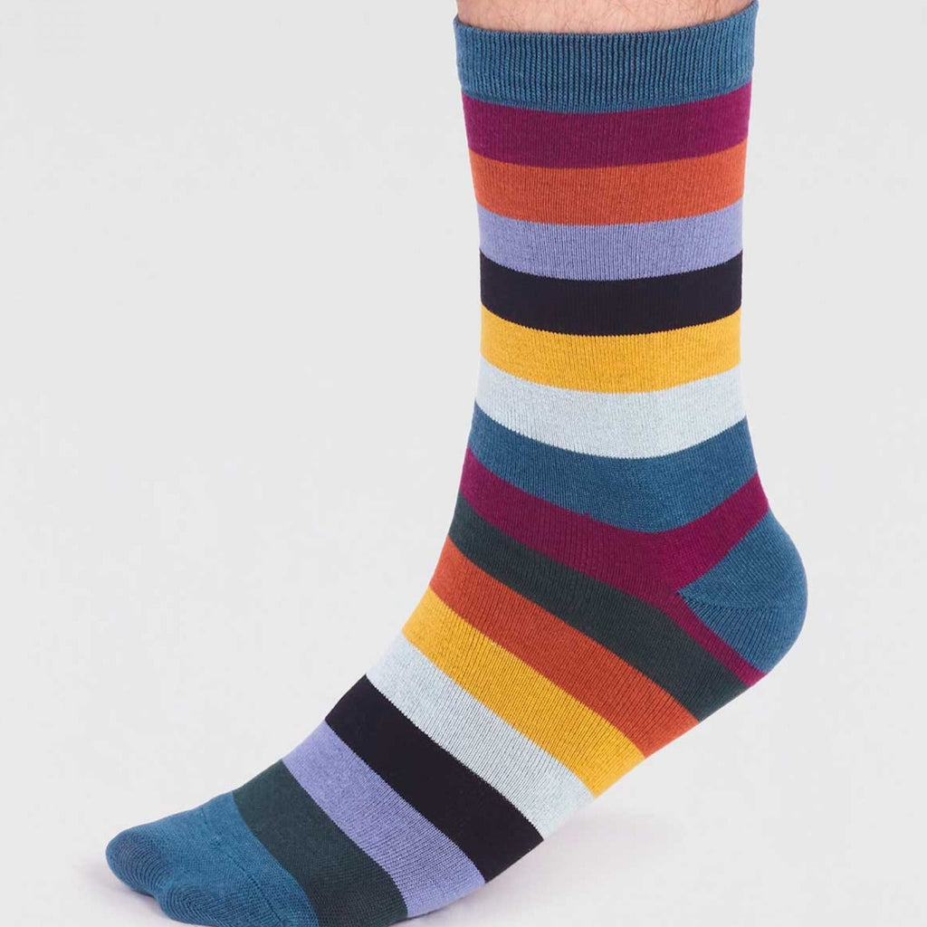 Rainbow Block Striped Bamboo Socks - SPM811 - TEALBLUE - Uneeka