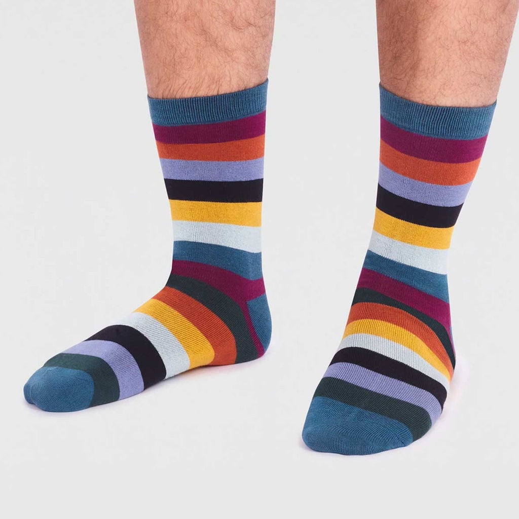 Rainbow Block Striped Bamboo Socks - SPM811 - TEALBLUE - Uneeka