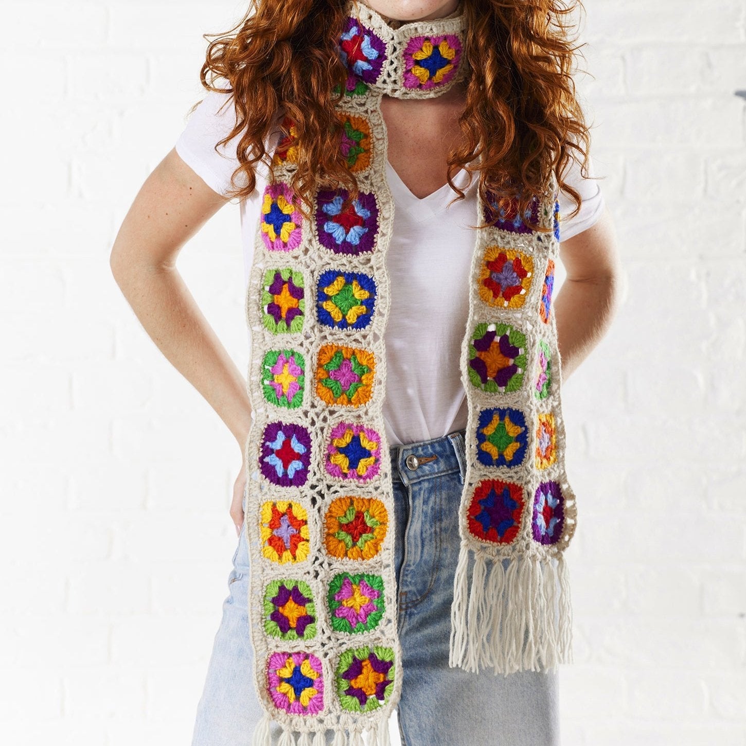 Rainbow Crochet Tile Cream Scarf - SC1C - Uneeka