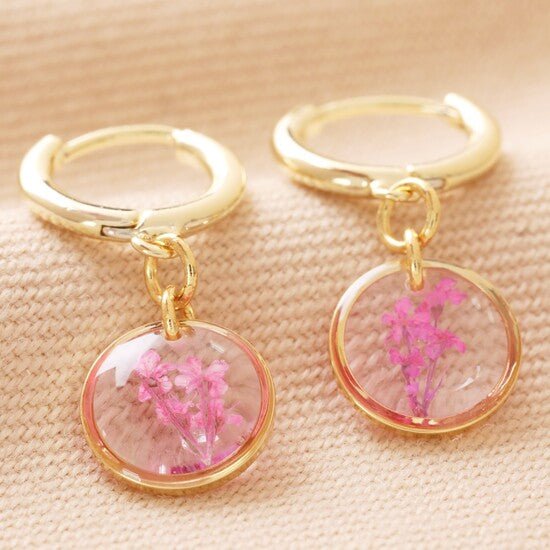 Real Pressed Birth Flower Gold Huggie Hoop Earrings* - 64214 - Uneeka