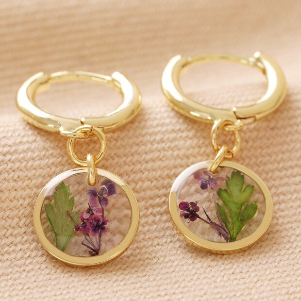 Real Pressed Birth Flower Gold Huggie Hoop Earrings* - 64217 - Uneeka