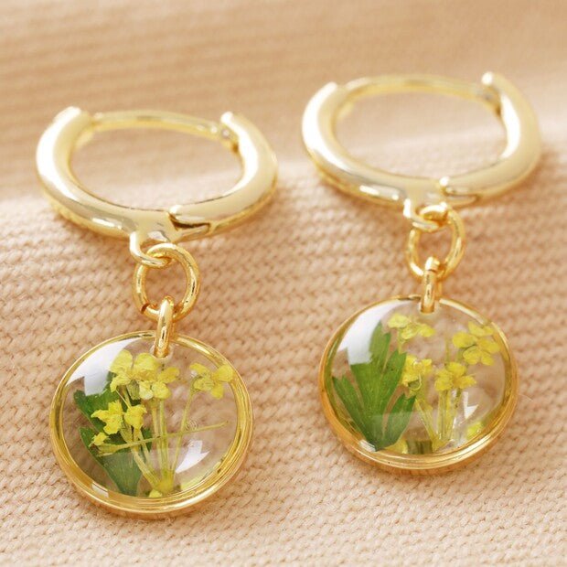 Real Pressed Birth Flower Gold Huggie Hoop Earrings* - 64220 - Uneeka