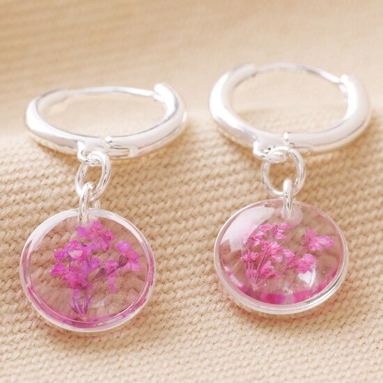 Real Pressed Birth Flower Silver Huggie Hoop Earrings* - 64132 - Uneeka