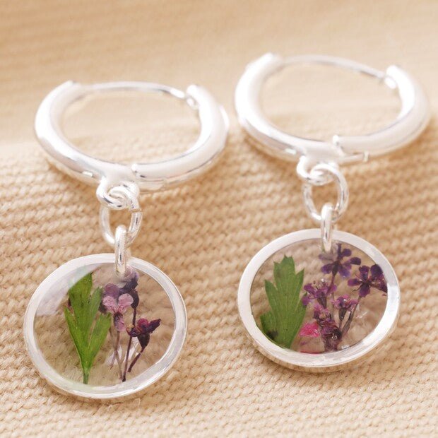 Real Pressed Birth Flower Silver Huggie Hoop Earrings* - 64142 - Uneeka