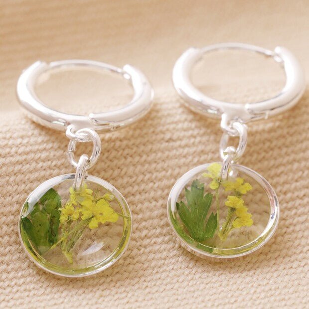 Real Pressed Birth Flower Silver Huggie Hoop Earrings* - 64148 - Uneeka