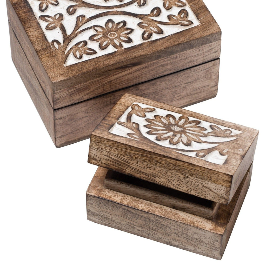 Rectangular Daisy Design Carved Wooden Box - BX120 - S - Uneeka