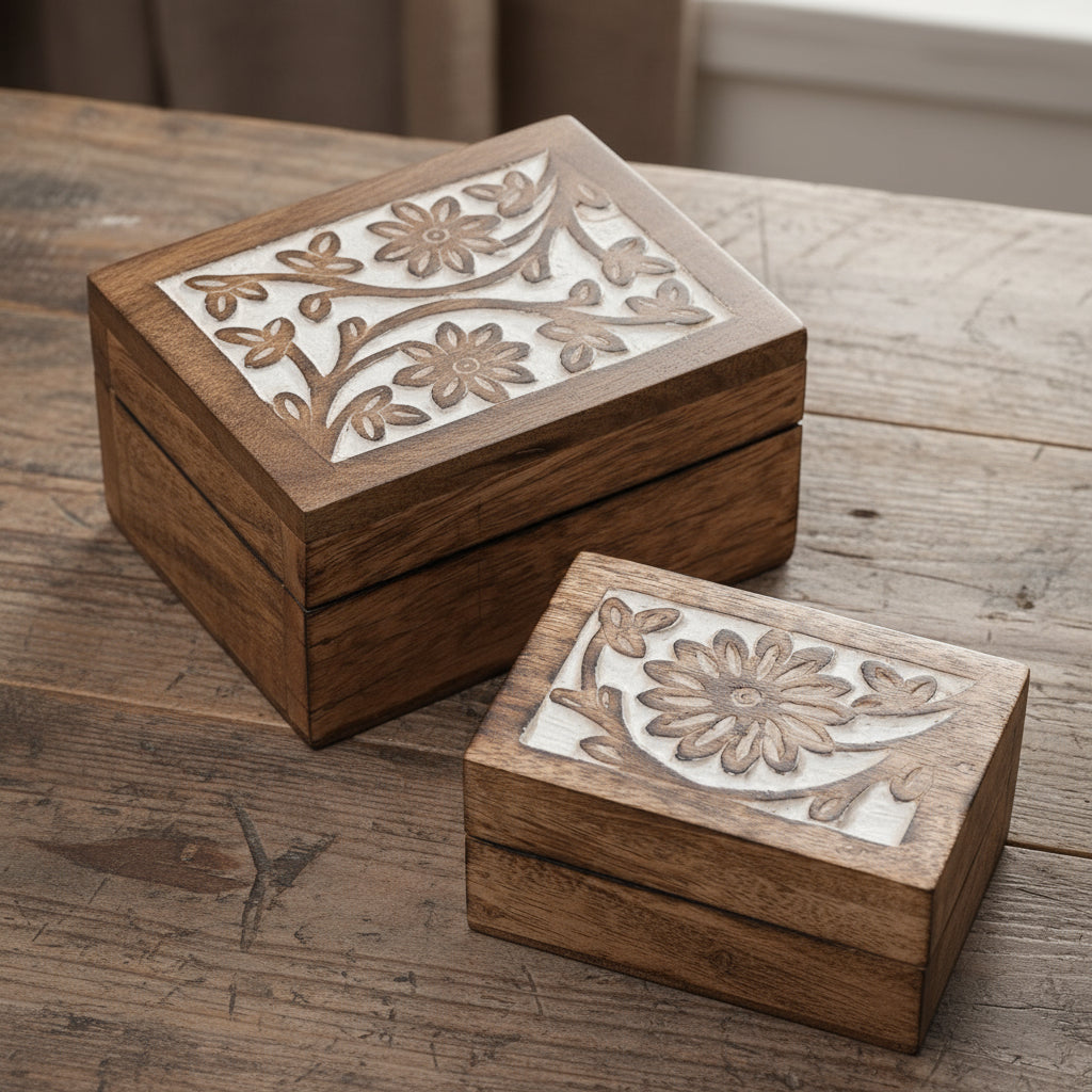 Rectangular Daisy Design Carved Wooden Box - BX120 - S - Uneeka