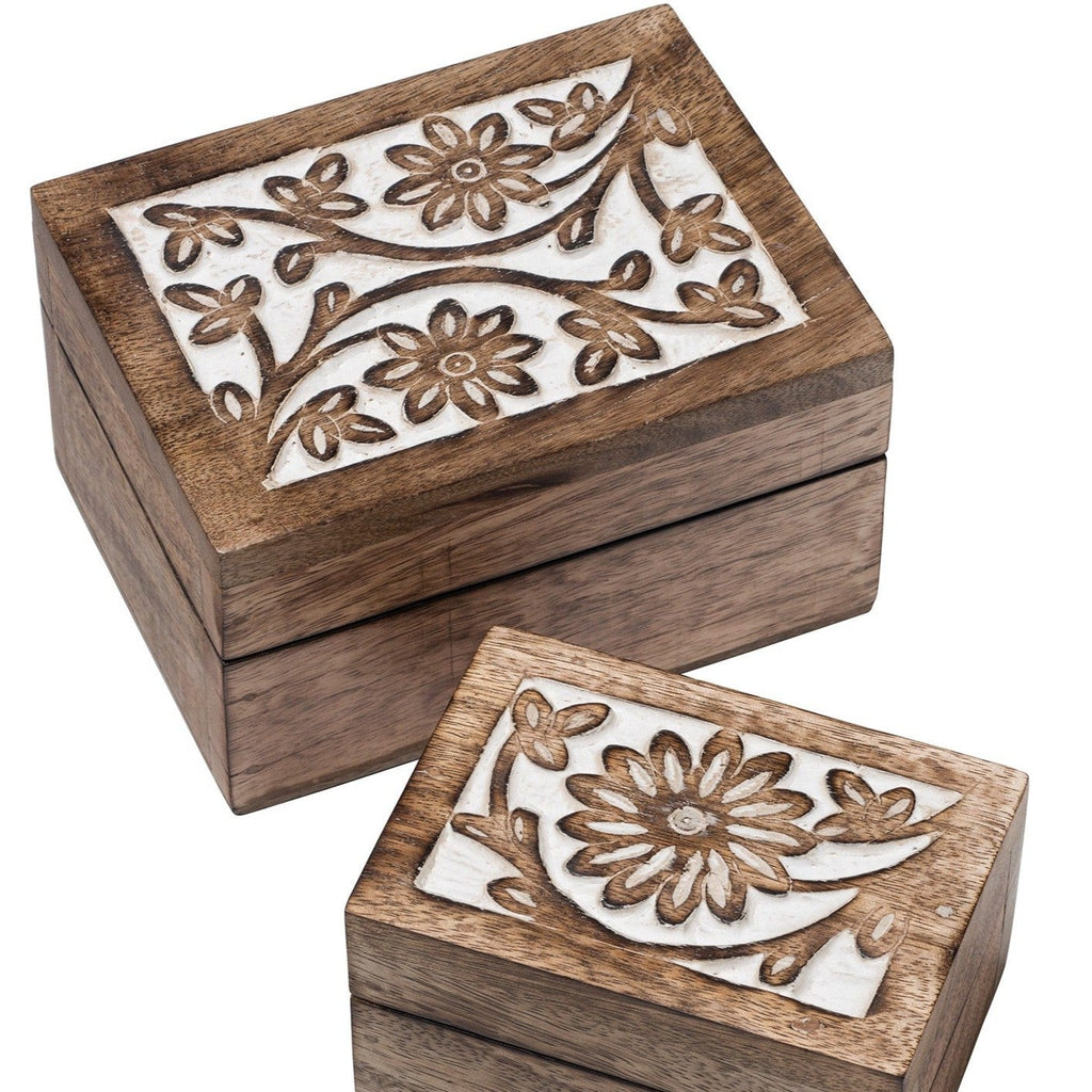 Rectangular Daisy Design Carved Wooden Box - BX120 - S - Uneeka