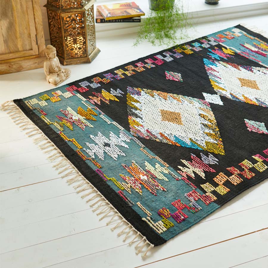 Recycled Cotton, Jute & Silver Lurex Dhurrie Rug - R4435 - Uneeka