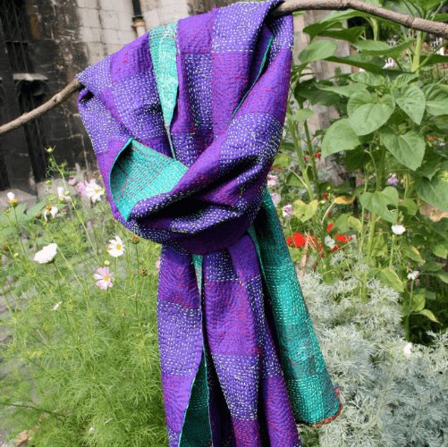 Recycled Kantha Stitch Silk Scarf - MKS18703 - Uneeka