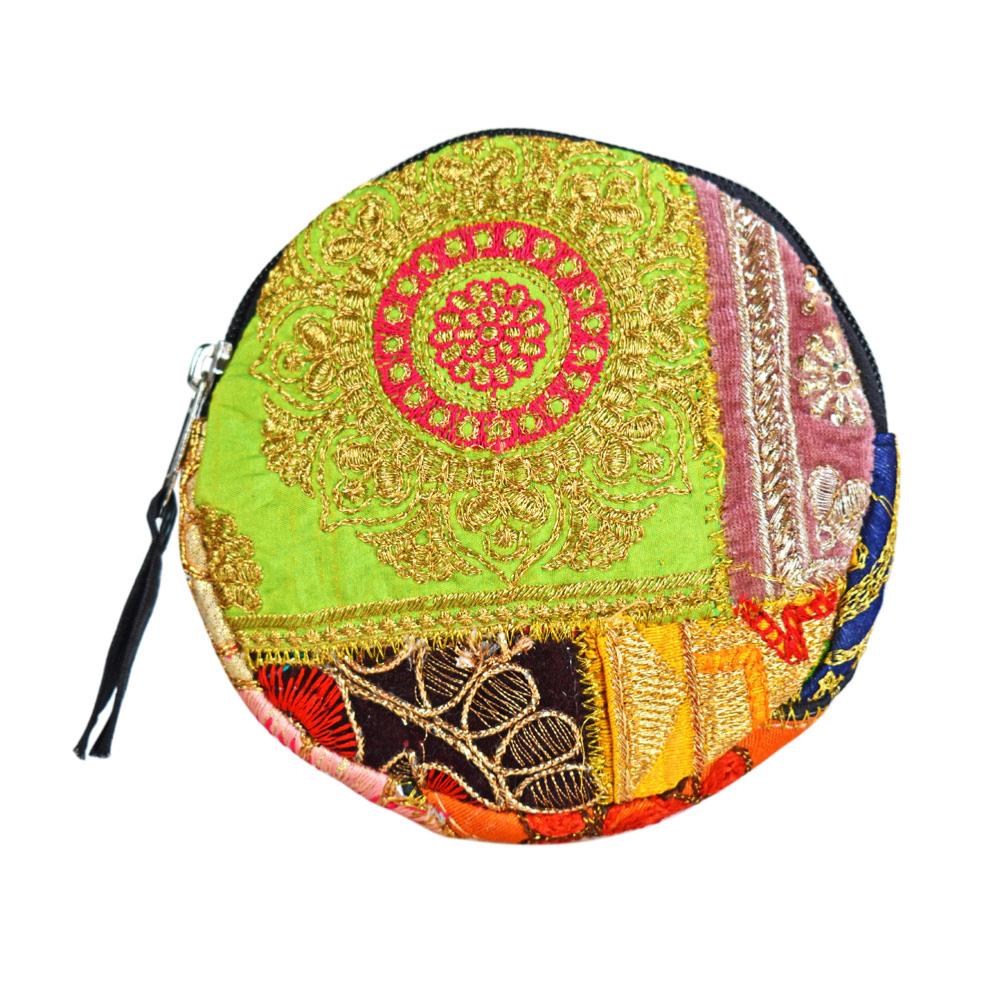 Recycled Sari Patchwork Round Coin Purse - ASP1722 - Uneeka