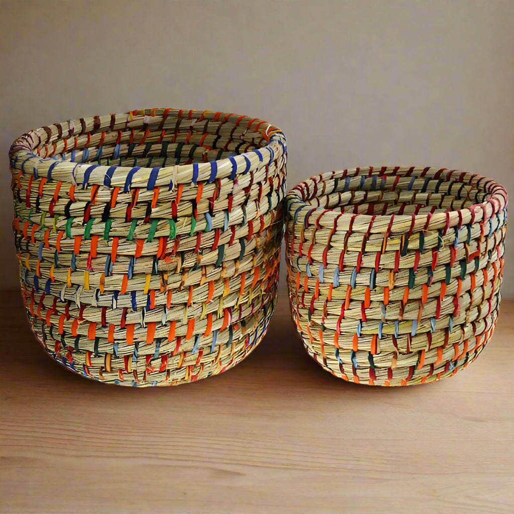 Recycled Sari Round Grass Baskets - PROK015 - S - Uneeka