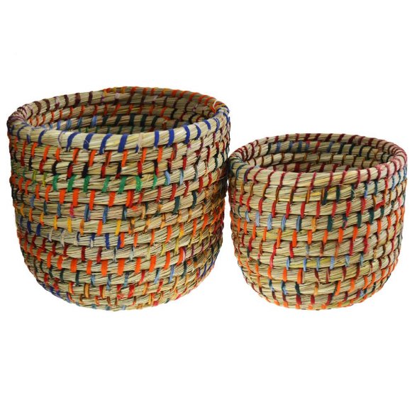 Recycled Sari Round Grass Baskets - PROK015 - S - Uneeka