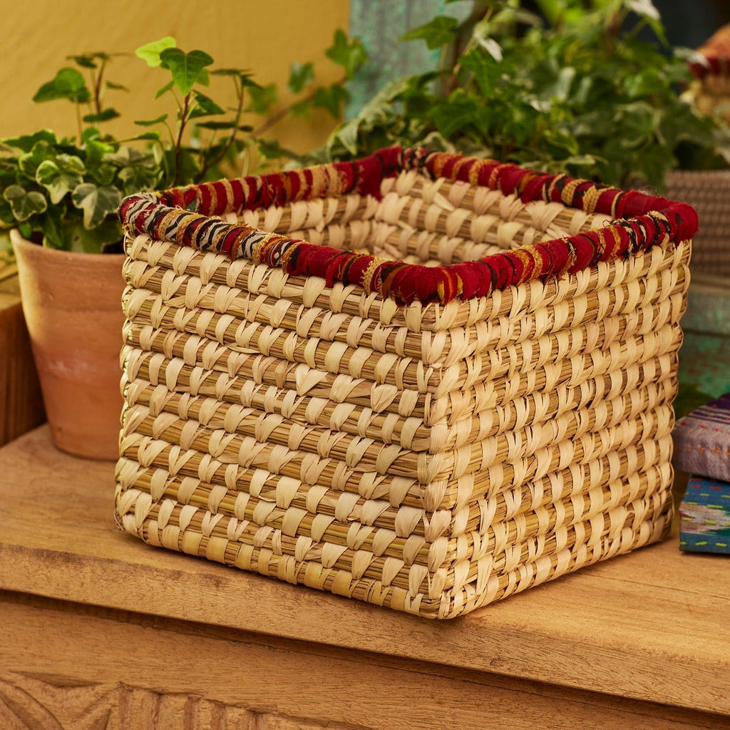 Recycled Sari & Seagrass Square Basket - BSK50 - LARGE - Uneeka