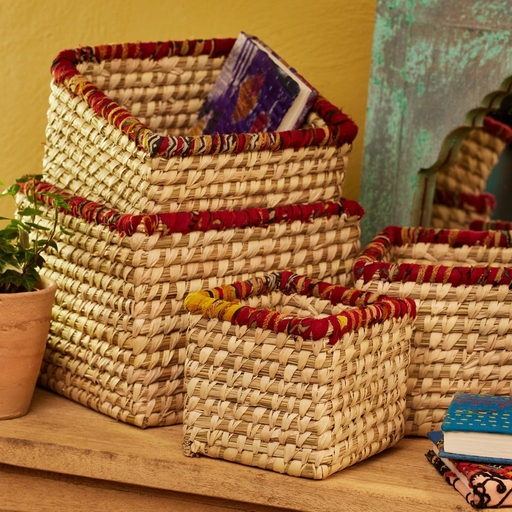 Recycled Sari & Seagrass Square Basket - BSK50 - MEDIUM - Uneeka