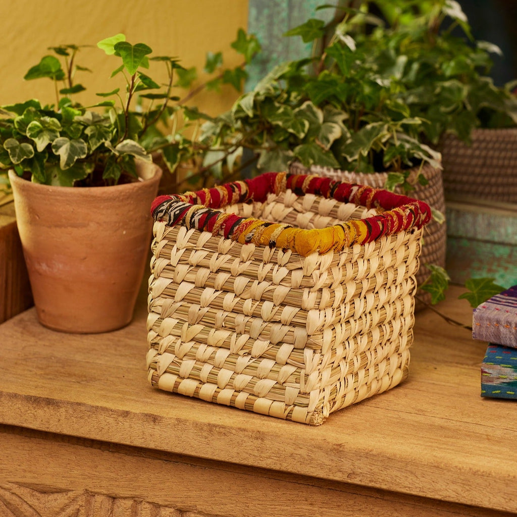 Recycled Sari & Seagrass Square Basket - BSK50 - SMALL - Uneeka