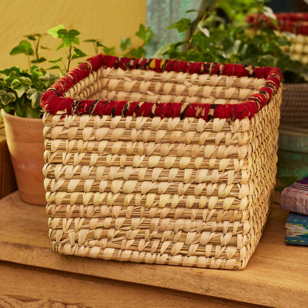 Recycled Sari & Seagrass Square Basket - BSK50 - XLARGE - Uneeka