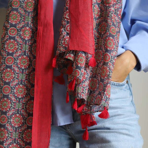 Red and Blue Block Print Mandala Scarf - VZS - 1937 - Uneeka
