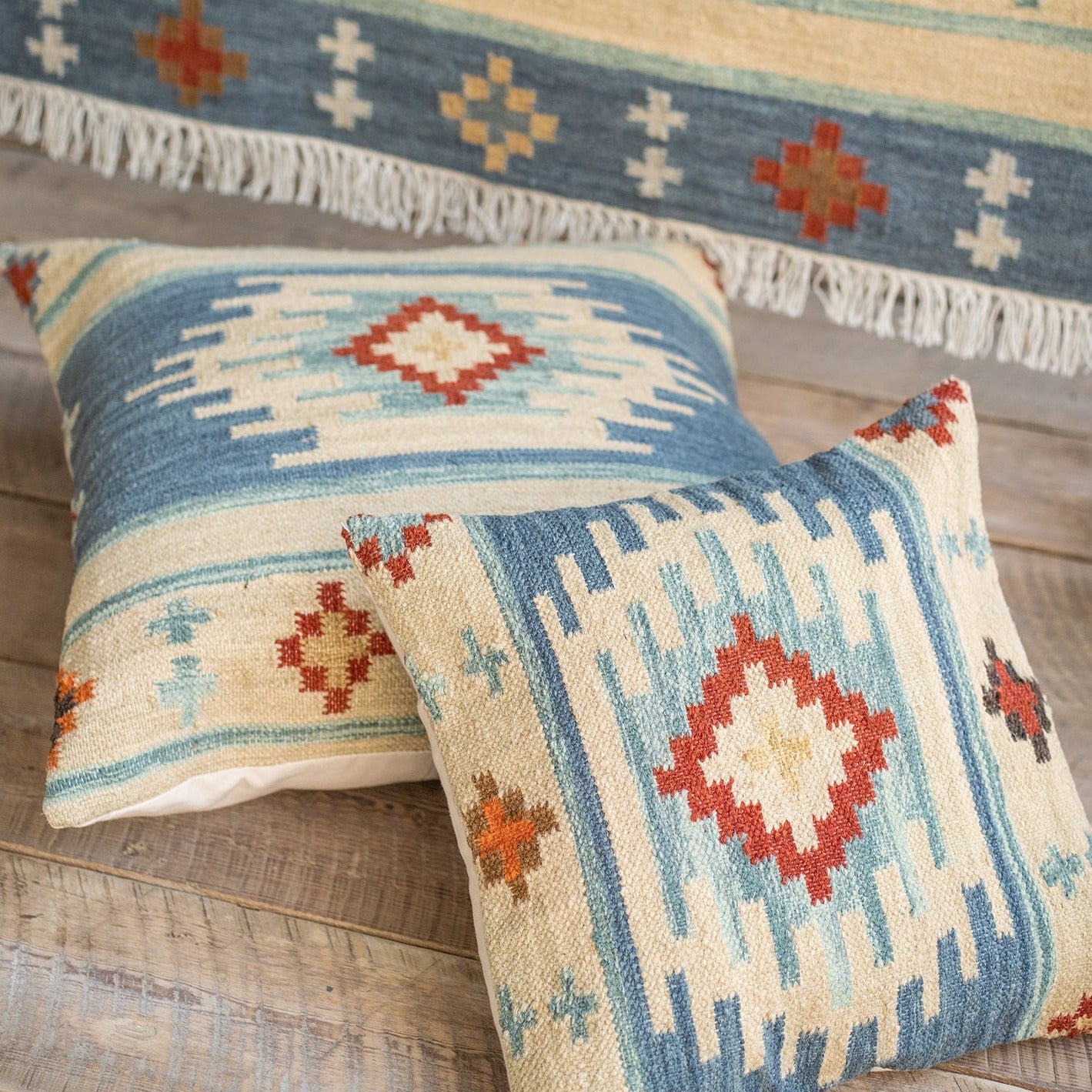 Red & Blue Handloom Kilim Large Floor Cushion - CCXL318 - Uneeka