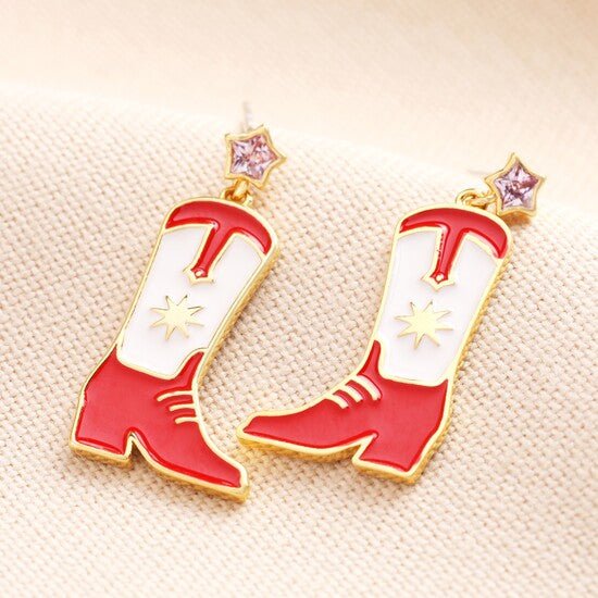 Red Enamel Cowboy Boot Gold Drop Earrings - 74264 - Uneeka