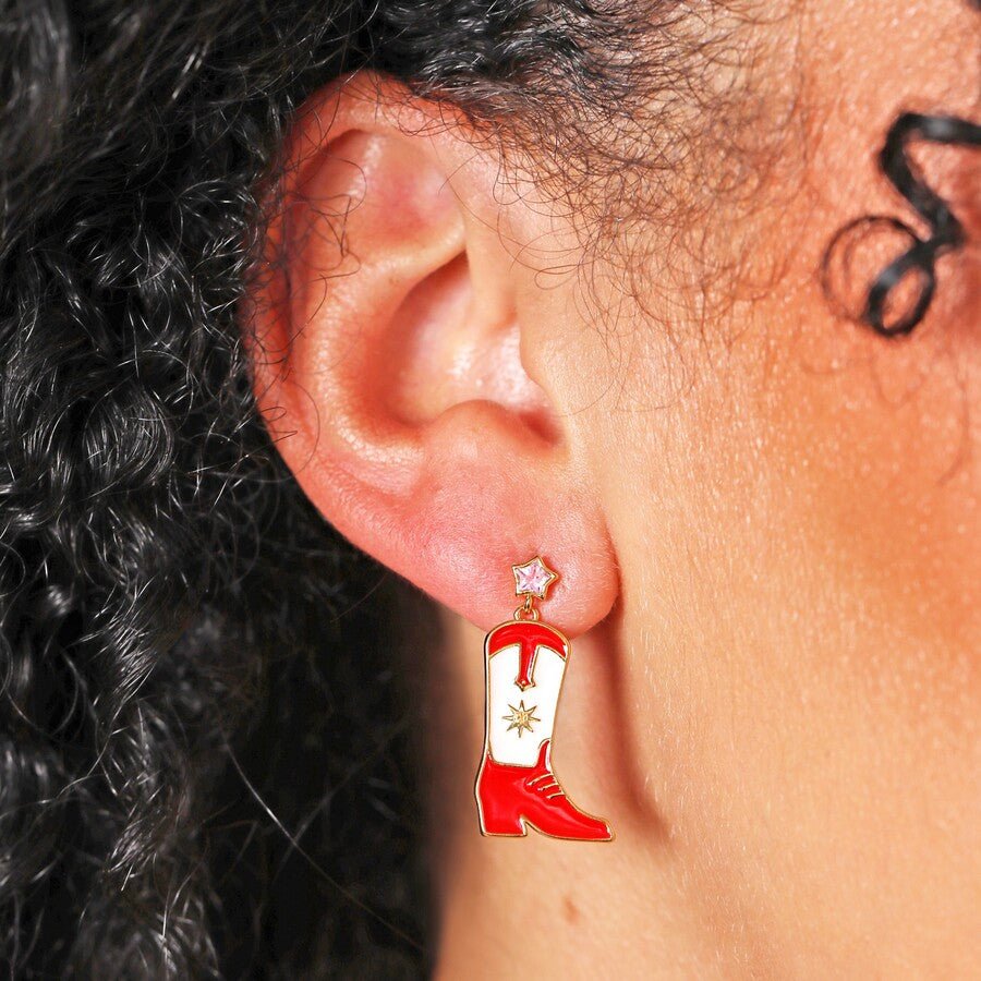 Red Enamel Cowboy Boot Gold Drop Earrings - 74264 - Uneeka