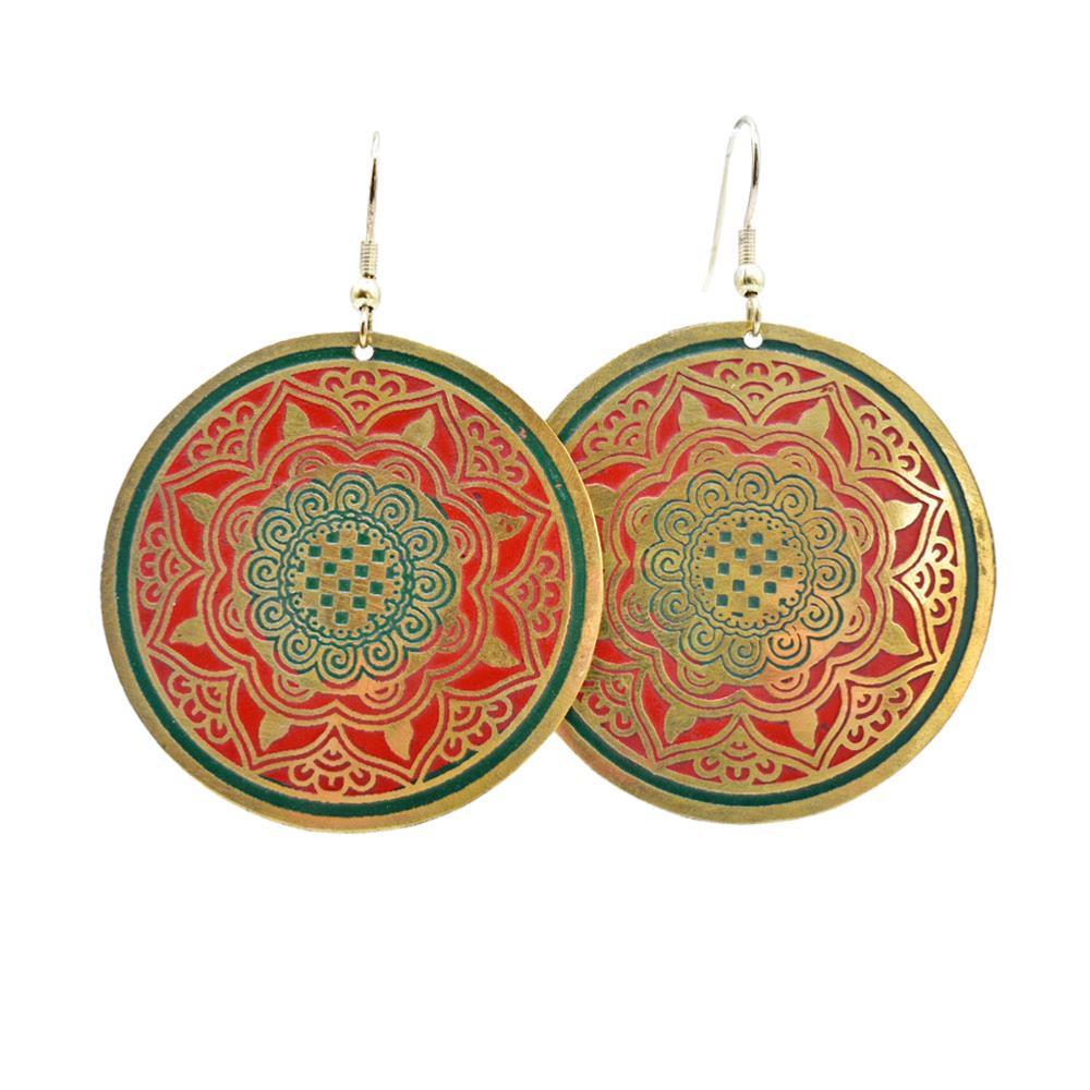 Red & Green Patterned Round Brass Earrings - TARE2411 - Uneeka