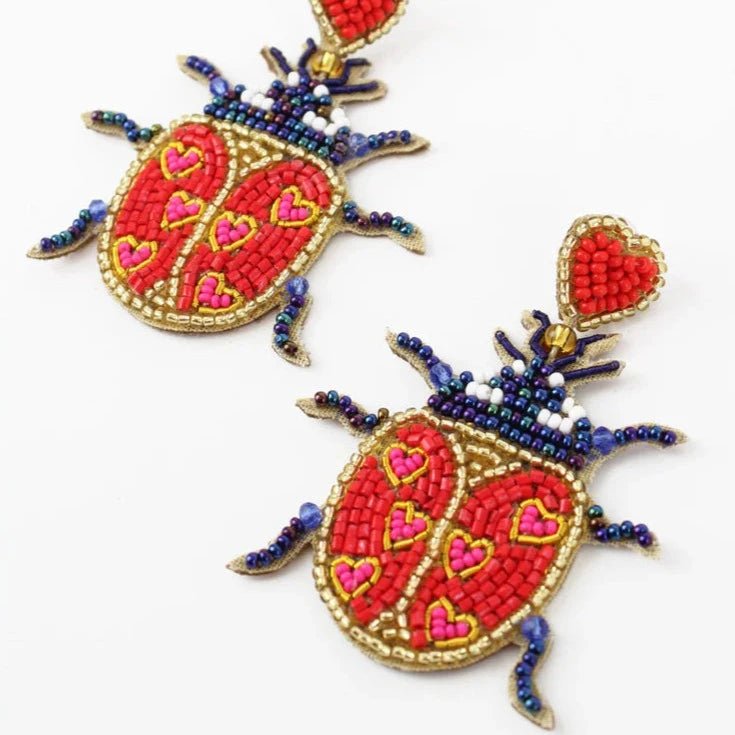 Red Ladybird Heart Beaded Drop Earrings - LADY BIRD EARRINGS - Uneeka