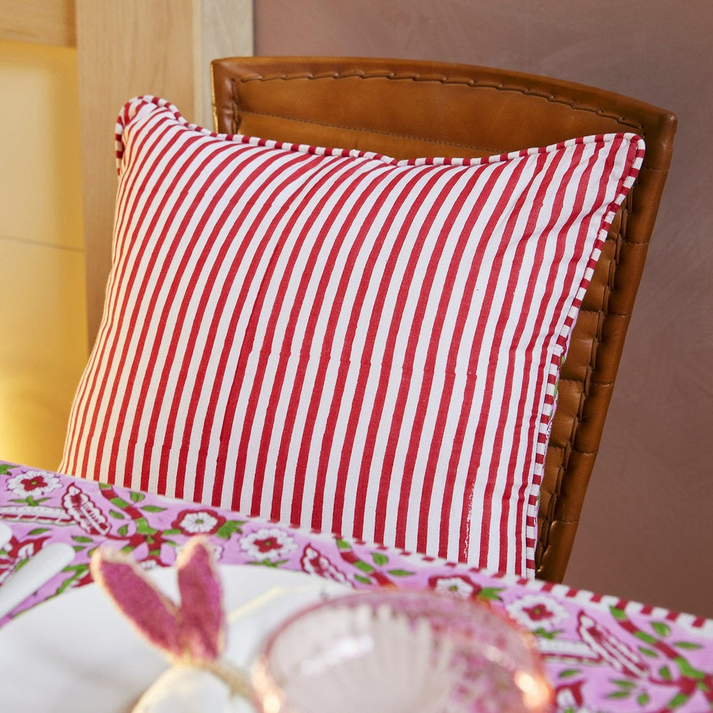 Red & Pink Floral Stripe Block Print Cushion - CC15 - Uneeka