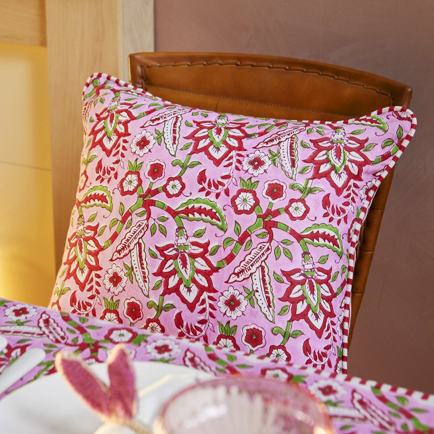 Red & Pink Floral Stripe Block Print Cushion - CC15 - Uneeka