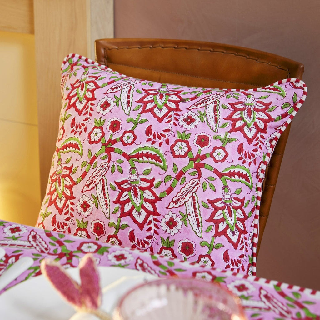 Red & Pink Floral Stripe Block Print Cushion - CC15 - Uneeka