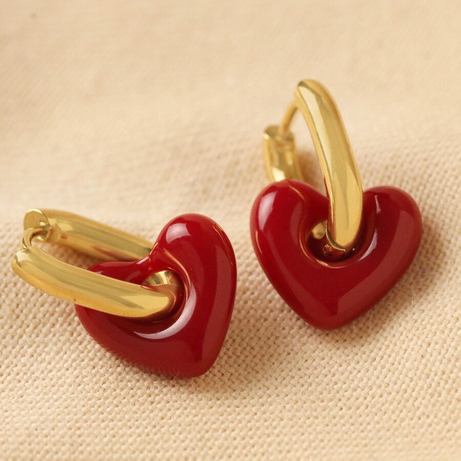 Red Resin Heart Gold Huggie Hoops - 65472 - Uneeka