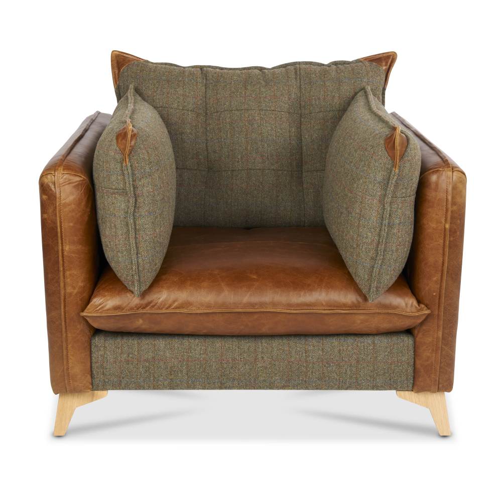 Regalia Aniline Leather and Harris Tweed Fabric Armchair - Uneeka