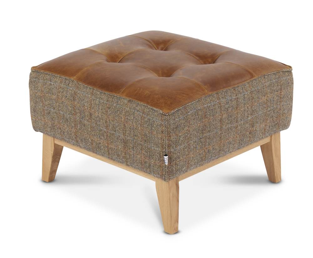 Regalia Aniline Leather and Harris Tweed Fabric Footstool - Uneeka